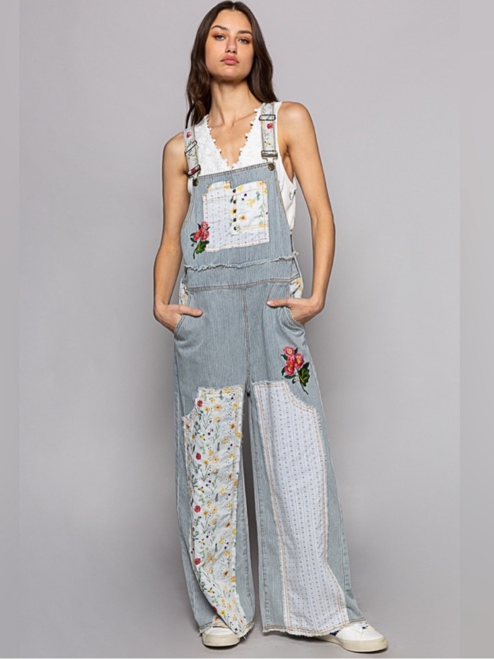 POL Patchwork Embroidered Denim Overalls Light Blue Wash Floral Print Patches